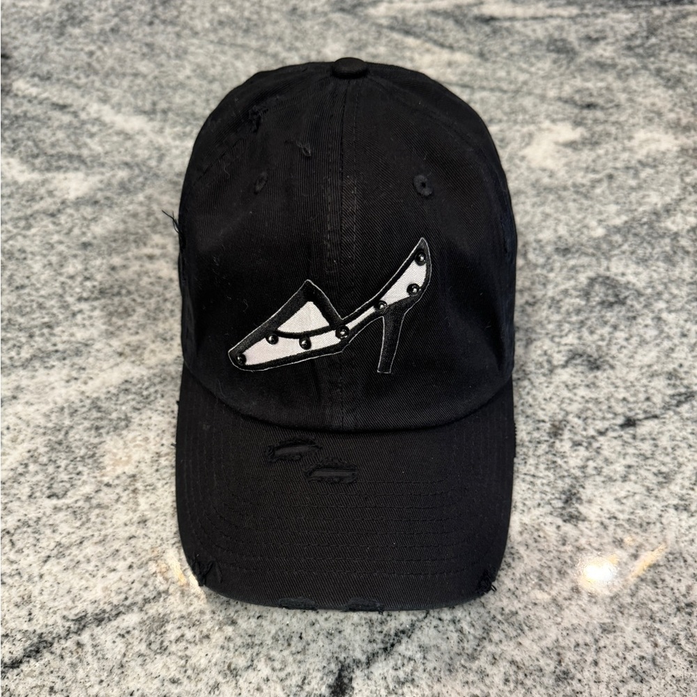 New Custom Designed Black Distressed Baseball Cap with Heel, Adjustable.